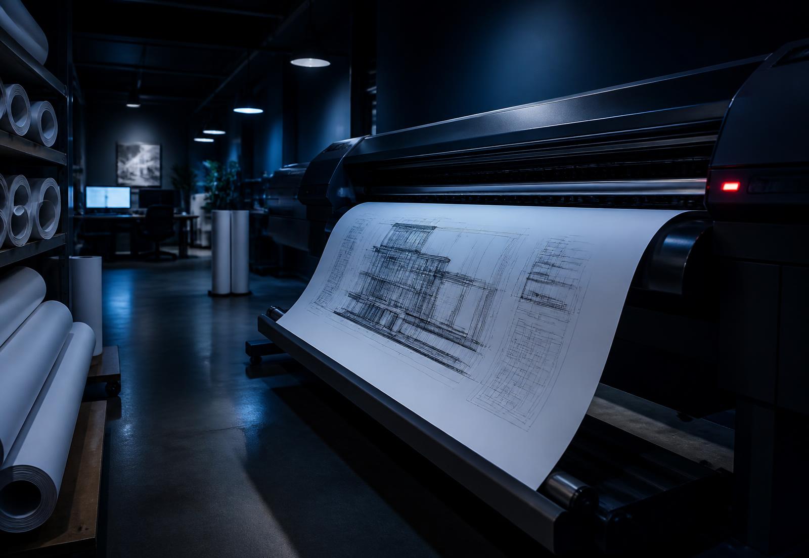Large-format plotter printing an architectural drawing at the CanKopy production floor