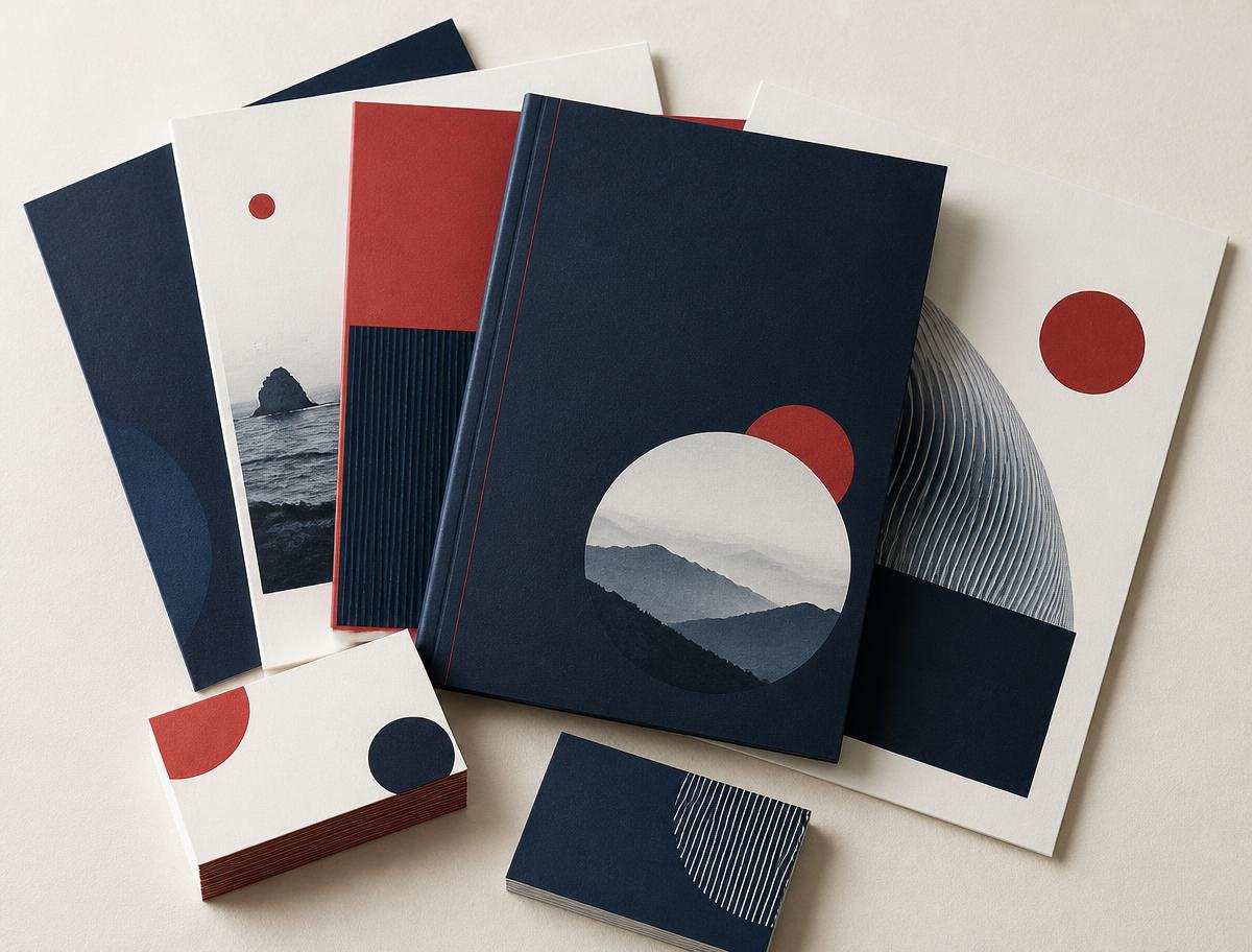 Printed business cards, brochures and booklets in navy and red